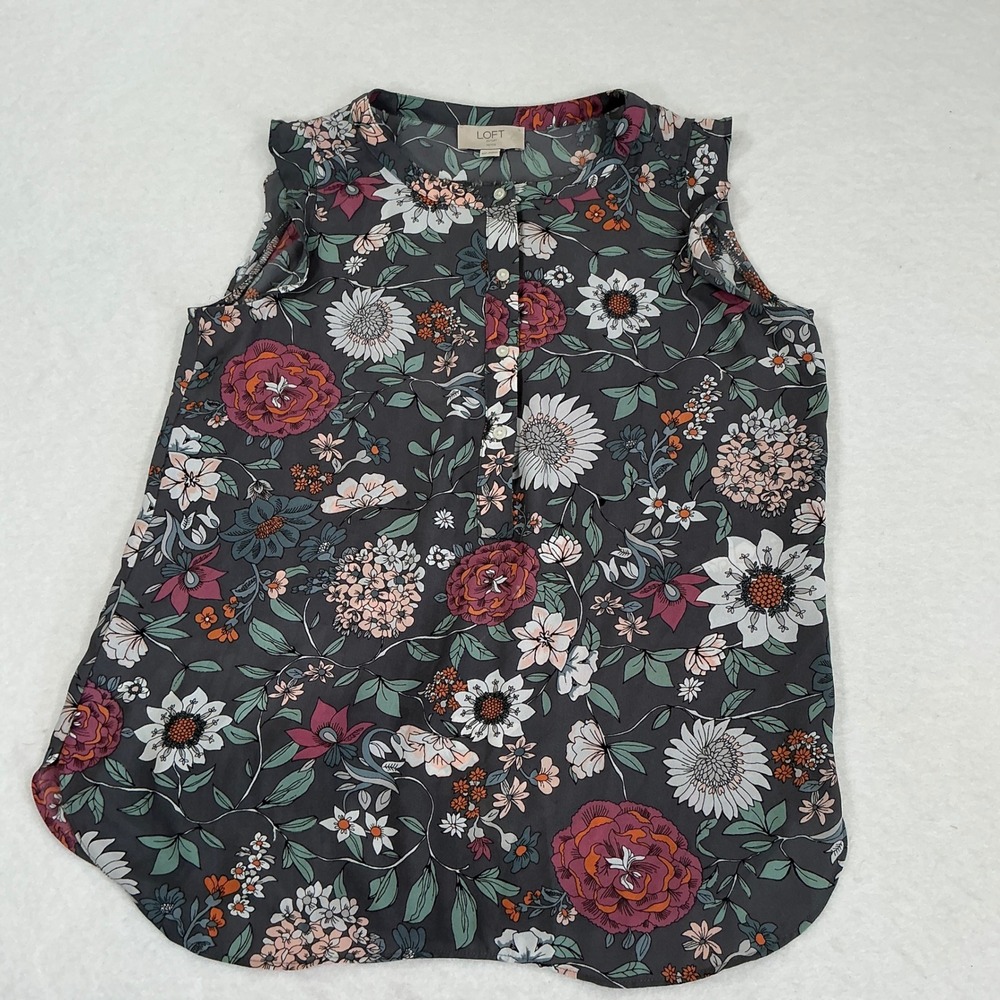 Loft Outlet Petite Sleeveless Floral Blouse Grey Pink XSP Ruffle Top 492664